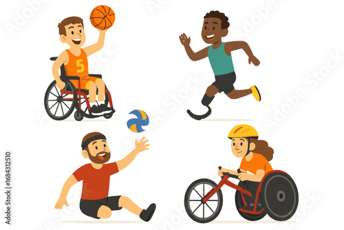Paralympic athletes vector illustration set. People with disabilities in adaptive sports. Wheelchair basketball, runner with prosthetic leg, sitting volleyball, and handcycle race.
