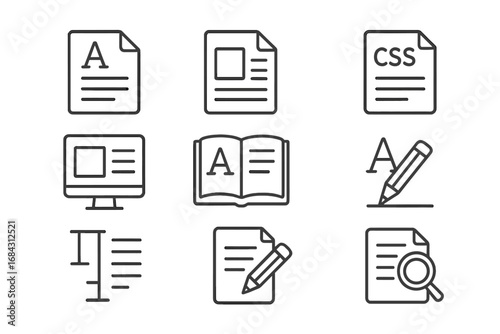 Publishing and editorial line icon set for articles, web layouts, and style sheets. Vector symbols for writing, content creation, blogging, typography, CSS, and UI design.