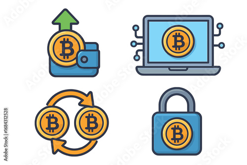 Cryptocurrency icon set. Bitcoin transaction. Digital money transfer. Blockchain technology. Crypto wallet security. Finance payment symbol. Vector growth profit exchange safety