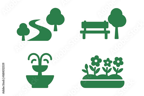 Urban park icon set. City garden and public space elements. Green silhouette glyph icons of a path, bench, tree, fountain, and flowerbed. Vector illustration for nature.