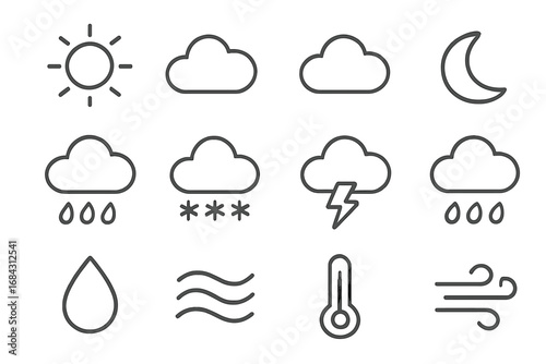 Minimalist Weather Forecast Line Icons Set. Climate and Temperature Outline Symbols. Precipitation, Rain, Snow, Wind, Sunlight, Cloud, Thunderstorm, Drop, Transparent Vector Stock Illustration