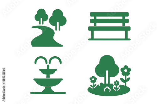 Urban park solid glyph icon set. City garden symbols. Public space, recreation, nature, outdoor elements. Path, bench, fountain, tree, flower bed vector illustration.