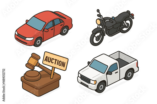 Vehicle auction icon set in isometric style. Flat cartoon vector illustration of car, motorcycle, pickup truck, and auction gavel. For auto sales, transport, and bidding.