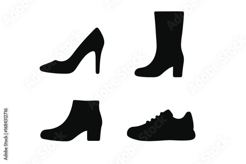 Shoe silhouette icon set. Women's footwear collection with high heels, boots, ankle boots and sneakers. Vector fashion graphic elements. Black solid style illustration.