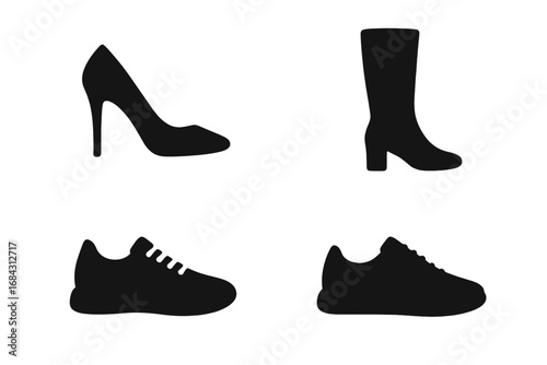 Shoe silhouette vector icon set. Footwear collection with high heels, boots, and sneakers. Black isolated graphic design elements for fashion, apparel, and modern style concepts.