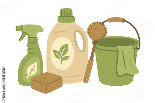 Eco-friendly cleaning supplies for sustainable household cleaning. Natural, organic products like detergent, spray, brush and sponge for green living. Vector illustration concept.