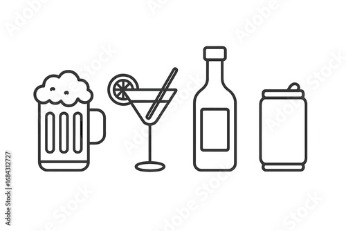 Simple linear vector illustrations of soft drinks and alcoholic beverages including beer mug, cocktail glass, bottle, and can icons for card, app, and website design