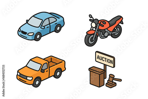 Vehicle auction isometric icon set. Flat cartoon vector illustration of a car, motorcycle, and pickup truck. Auto sale, bidding, and transport concept elements for design.