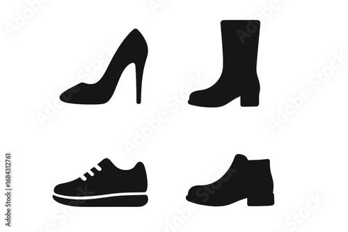 Shoe silhouette icon set. Footwear collection with high heels, boots, sneakers and ankle boots. Fashion vector illustration. Black solid style shapes isolated on white.
