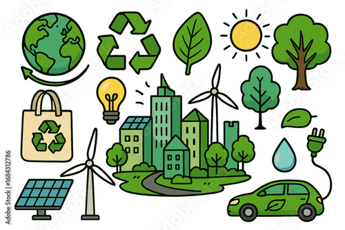 Set of ecology doodles. Eco-friendly, sustainability concept. Renewable energy icons. Green city, electric car, solar panel, wind turbine, recycle symbol. Go green vector.