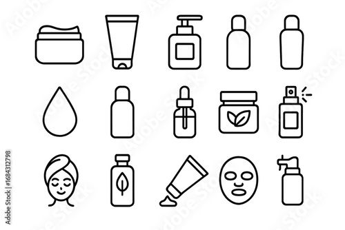Skincare beauty outline icon set. Cosmetics line art collection. Vector cream, lotion, serum, oil, spray, soap, bottle, tube, face mask. Spa dermatology treatment symbols.