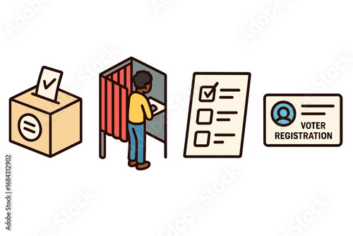 Voting and election isometric icon set. Includes ballot box, voter in booth, registration card, and marked ballot. Concept for democracy, civil rights, voting rights, and civic duty.