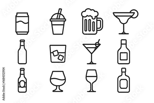 Drinks icon bundle. Alcohol and soft drink line art set. Vector symbols for bar, pub, restaurant menu. Includes beer mug, cocktail glass, wine, soda can and whiskey bottle.