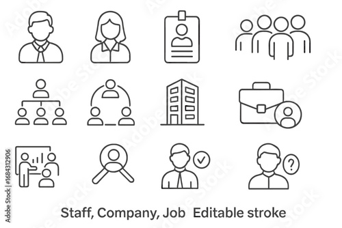 Staff and Company Job Icons Set with Editable Stroke, Simple Isolated Line Vectors for Web, Apps, Business, HR, Teamwork, Office, Career, Personnel, User Profiles