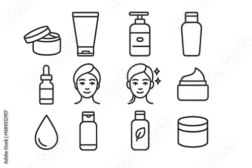 Skincare and beauty outline icon set. Vector collection of cosmetic product symbols including cream, serum, lotion, and face treatment. Linear pictograms for dermatology.