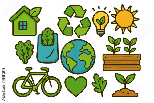 Eco-friendly vector icon set representing sustainable living. Concepts for green energy, urban gardening, recycling, and ecology. Cartoon illustrations of earth, plants, and bicycle.