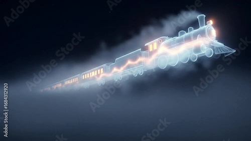 Mystical ghostly train animation glowing brightly through fog against a dark night sky scene
