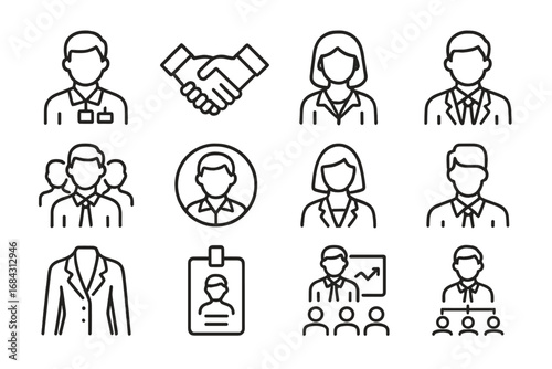Modern Staff and Company Icon Bundle with Linear Worker, Handshake, Office Clothing, Teamwork, Business Team, ID Badge, Presentation, and Management Symbols for Websites, Apps, and Cards