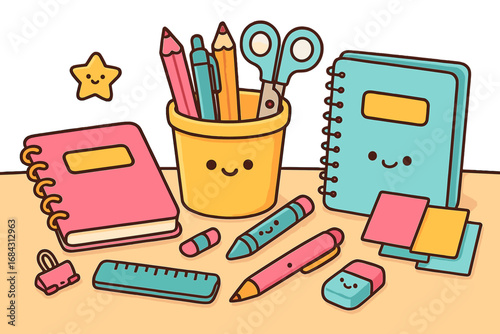 Cute kawaii stationery set on a desk. Back to school concept with happy cartoon office supplies. Vector illustration of a notebook, pencil, pen for creative learning fun.