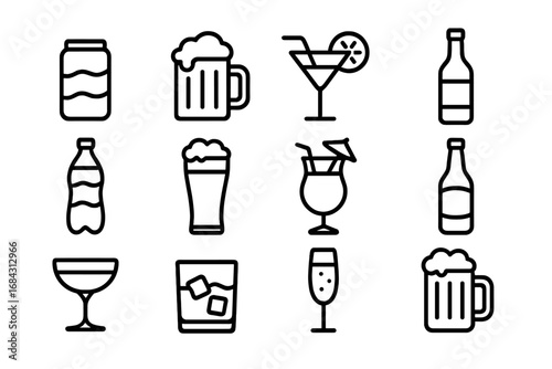 Drink & beverage line icon set. Alcohol, beer, cocktail, soda, wine, whiskey, champagne outline icons. Vector linear pictogram collection for bar menu, web, mobile app design.