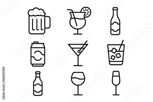 Beverage and alcohol drinks vector line icon set. Contains beer mug, cocktail, wine glass, soda can, bottle, and martini icons. For bar menu, party, web, or app design.