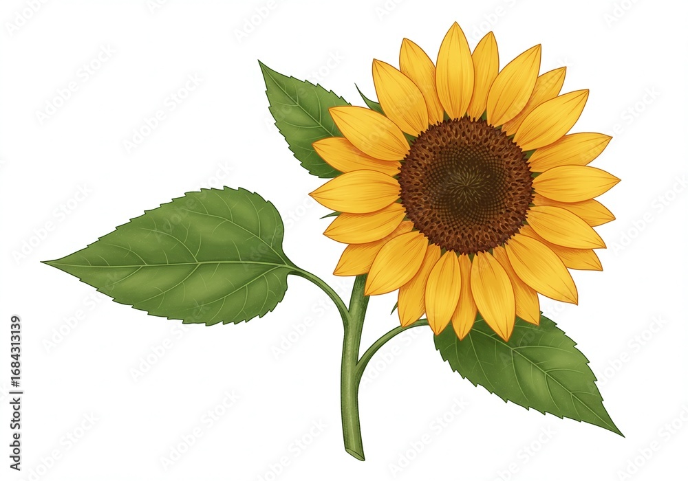 Obraz premium Vibrant digital illustration capturing the cheerful essence of a single sunflower, displaying bright yellow petals and a detailed brown center, isolated on a pristine white background