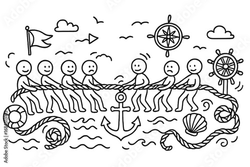 Tug of war doodle art illustration with ropes, nautical elements, anchor, compass, ship wheel, teams pulling rope, teamwork, competition, sea theme, cartoon vector