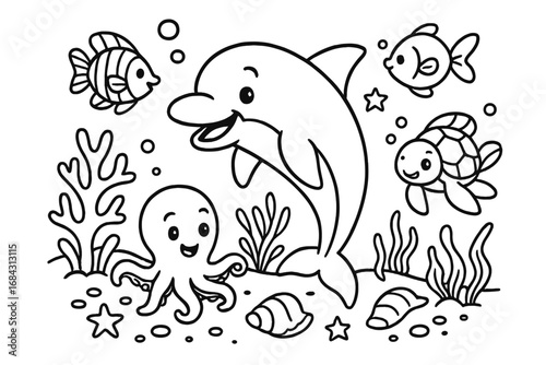 Playful underwater adventure with happy dolphin, octopus, turtle, and tropical fish in cartoon vector outline, seaweed, seashells, bubbles, marine life illustration, transparent background