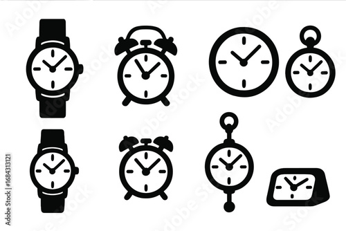 Clock and watch silhouette icon set. Vector collection of time concepts. Wristwatch, alarm, pocket watch, timer symbols. Time management, deadline, schedule graphic elements.