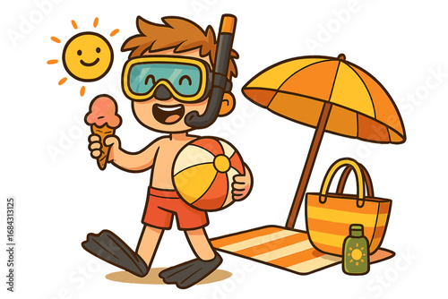 Summer beach vacation concept with a happy cartoon boy. Kid with snorkel gear, ball, ice cream enjoying a sunny day. Vector illustration set with umbrella and essentials.