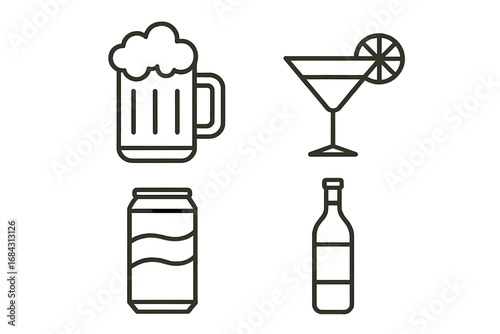 Alcohol and soft drinks icon set. Simple line art vector illustration collection. Includes beer mug, cocktail, wine bottle, and soda can for menu, bar, web, and app design.