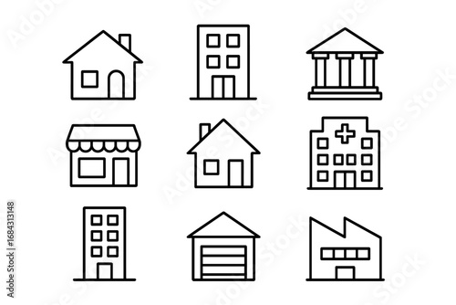 Various Houses and Constructions Line Icon Bundle, Modern Architectural Collection for Design, Websites, Apps, Cards, Linear Apartment Buildings, Banks, Stores, Garage and Factory Icons