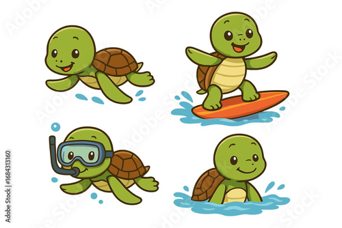 Cute turtle cartoon character set. Kawaii sea animal mascot collection swimming, surfing, and snorkeling. Summer water sports and ocean life vector illustration for kids.