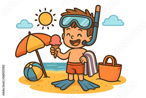 Happy boy on summer beach vacation. Child with snorkel, ice cream and towel. Cartoon vector illustration for kids. Sun, sea, sand and fun activity concept. Holiday leisure.