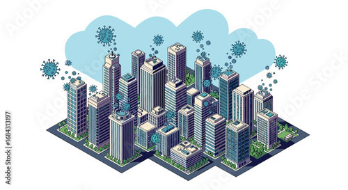 Virus threat looms over modern city skyline as infectious particles spread through urban landscape