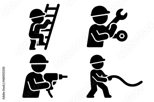 Worker icon set. Construction and industrial labor symbols. Handyman repair, maintenance pictogram. Man climbing ladder, drilling, using wrench, pulling cable. Solid glyph vector.