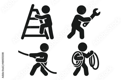 Worker icon set. Laborer stick figure solid glyph pictogram symbol. Man climbing ladder, using wrench for repair, pulling rope. Manual labor, construction vector illustration.