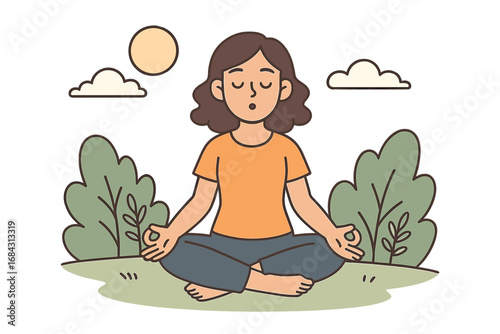 Mindfulness meditation for mental well-being. Woman doing breathing exercise in lotus pose in nature. Yoga for relaxation, calm, stress relief, harmony and balance. Vector cartoon.