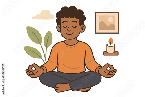 Man meditating in lotus pose for mental health and wellbeing. Mindfulness, relaxation, and self-care concept. Person practicing yoga for spiritual balance and harmony. Vector.