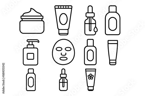 Skincare product outline icon set. Vector collection of cosmetic items like cream, serum, lotion, and facial mask. Beauty routine and dermatology treatment symbols in linear style.