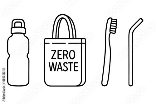 Zero waste lifestyle outline icon set. Eco friendly, sustainable living items. Reusable water bottle, cloth tote bag, bamboo toothbrush, metal straw. Plastic free vector concept.