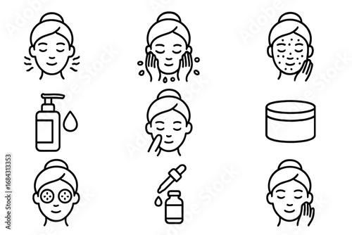 Skincare routine line icon set. Beauty, cosmetics, spa, and wellness concepts. Vector icons for facial treatment, cleanser, cream, serum, mask. Skin care procedure steps.