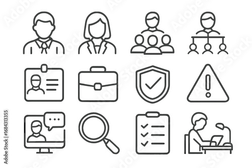 Business and corporate staff line icon set. Human resources, management, and office work symbols. Teamwork, hierarchy, security, and job search concepts. Editable stroke vector.