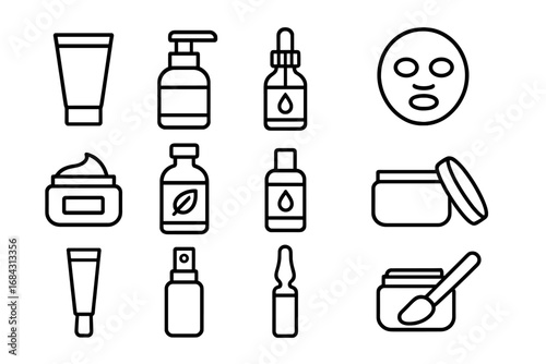 Cosmetic and skincare line icon set. Beauty treatment products. Cream jar, serum dropper, lotion bottle, face mask, ampoule, and spray. Vector outline symbols for dermatology.