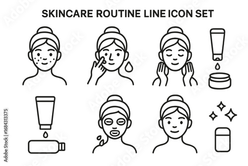 Skincare routine line icon set. Beauty, cosmetics, and spa treatment steps. Woman facial care, acne problem, applying cream and mask. Health and wellness vector collection.