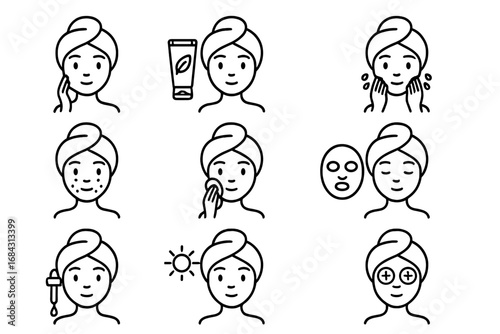 Skincare routine line icon set. Facial care treatment steps. Woman washing face, applying cream, cosmetic mask, serum, sunscreen. Beauty and dermatology vector icons.
