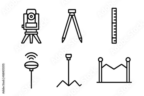 Surveying line icon set. Geodesy, cartography and engineering equipment. Theodolite, total station, tripod, leveling rod, gps receiver, boundary marker. Geomatics symbols.