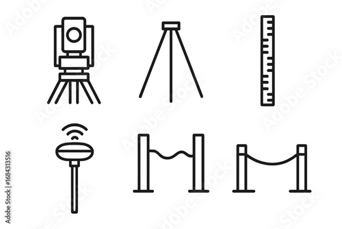 Surveying outline icon set. Geodetic engineering equipment for topography and cartography. Theodolite, tripod, leveling rod, GPS receiver, boundary marker vector symbols.