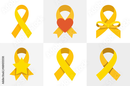 Charity yellow ribbon collection, awareness support remembrance solidarity icons, healthcare campaign graphics, vector illustration design set