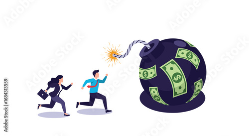 Business people flee ticking money bomb, financial risk and crisis concept